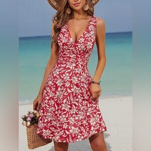 Women's Deep V Neck Sleeveless Floral Sundresses Pockets Flowy Summer Dress XL